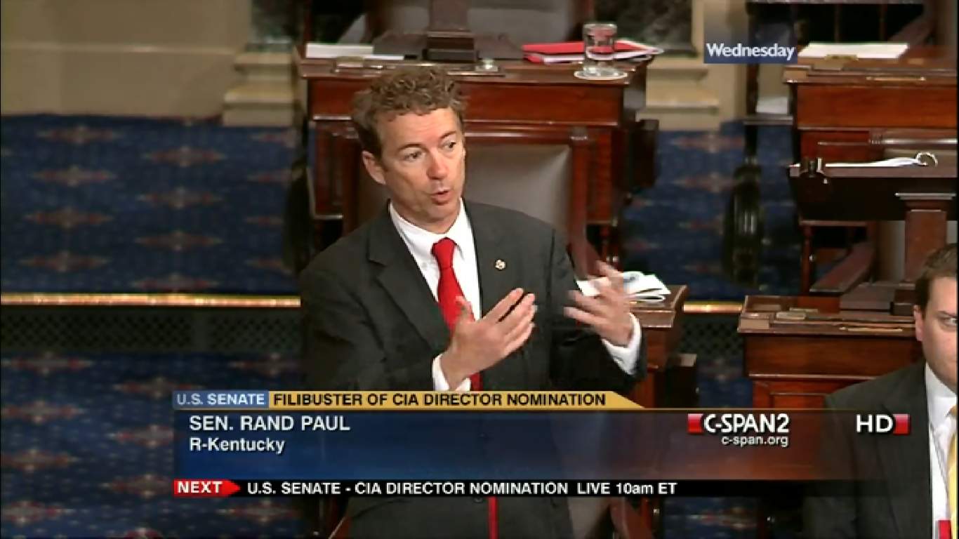 Senator Rand Paul filibustered for thirteen hours in 2013.